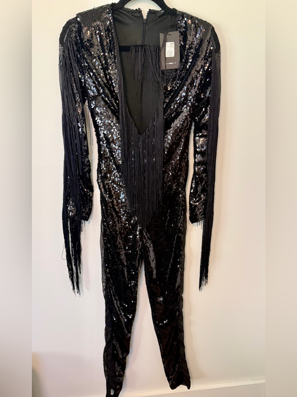 Fashion Nova Black Sequin Skinny Jumpsuit with Fringe